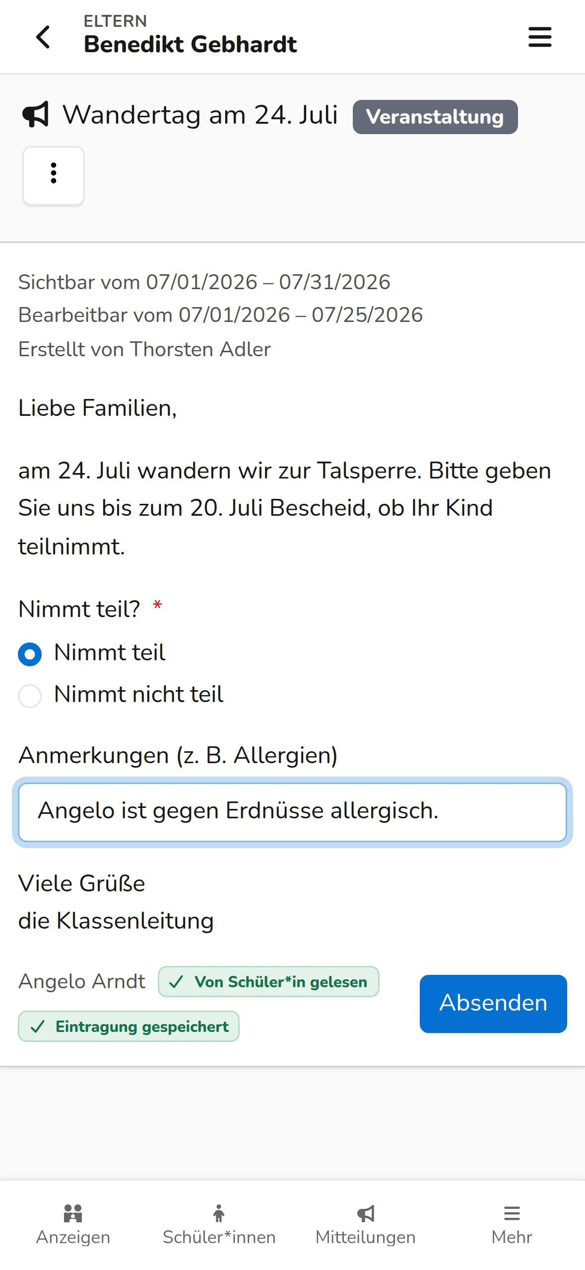 Eine Mitteilung in der App aus Elternsicht: Wandertag-Ankündigung mit Teilnahme-Formular, Anmerkungsfeld und Lesebestätigung